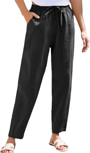 Womens High Waist Drawstring Straight Leg Linen Pants 2025 Summer Casual Beach Vacation Trousers with Pockets