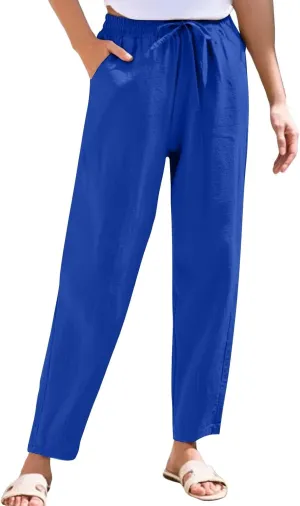 Womens High Waist Drawstring Straight Leg Linen Pants 2025 Summer Casual Beach Vacation Trousers with Pockets