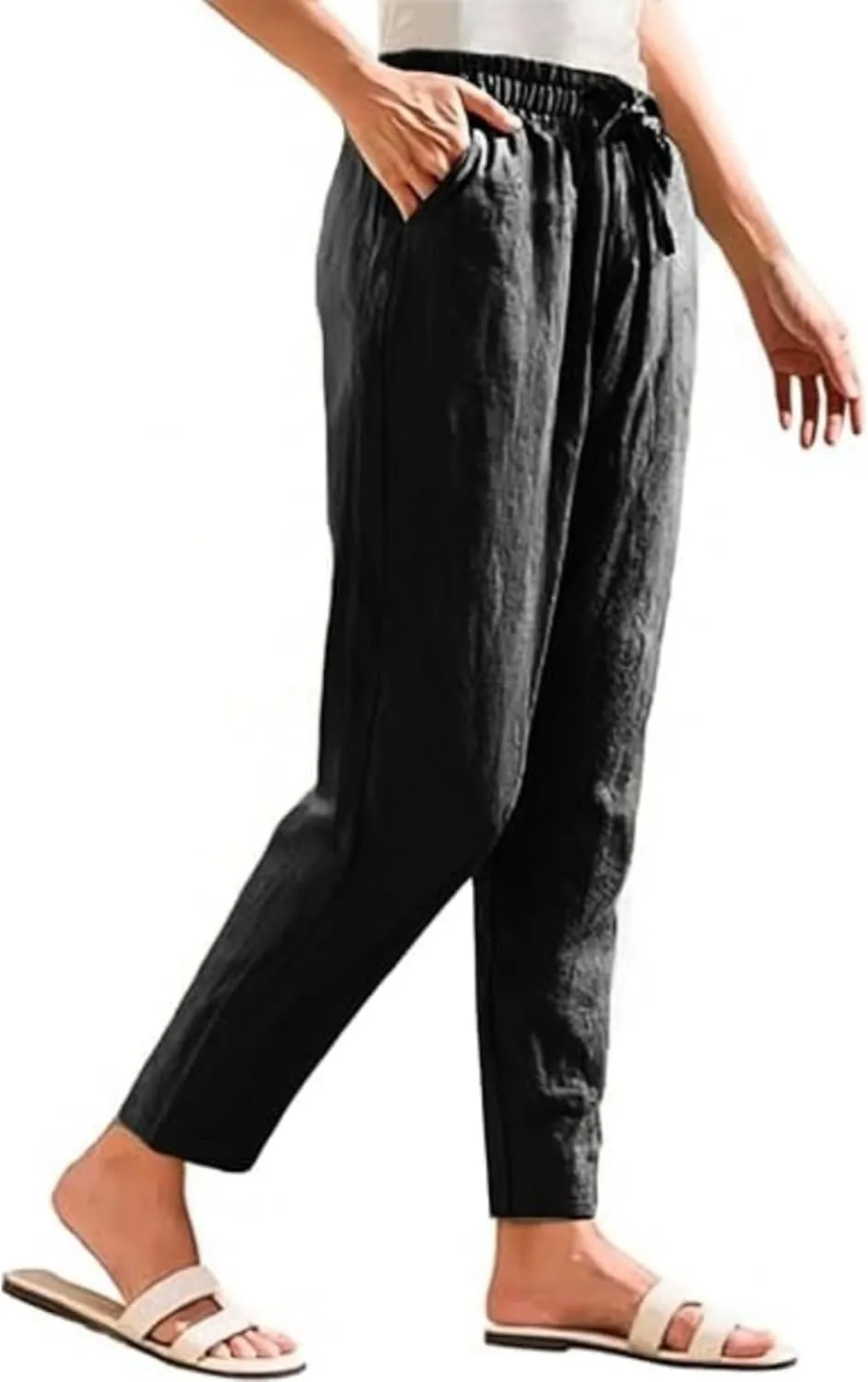 Womens High Waist Drawstring Straight Leg Linen Pants 2025 Summer Casual Beach Vacation Trousers with Pockets