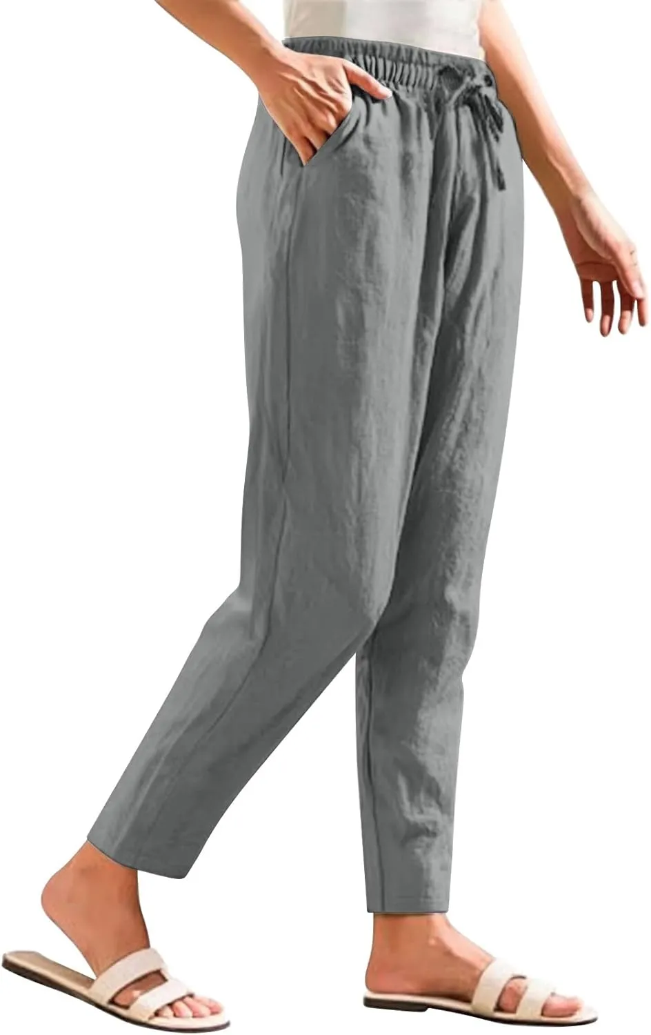 Womens High Waist Drawstring Straight Leg Linen Pants 2025 Summer Casual Beach Vacation Trousers with Pockets