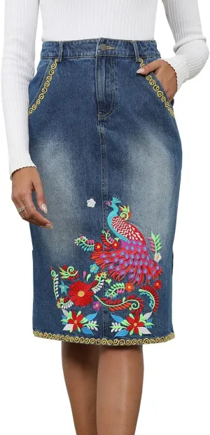 Women's High Waisted Denim Midi Skirts Stretchy Slit Embroidered Skinny Wrap Hip Jean Skirt