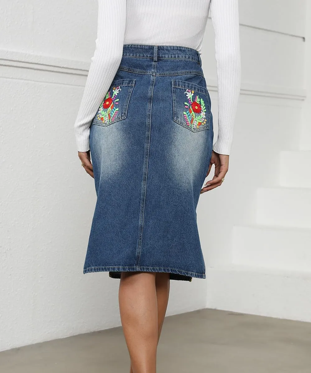 Women's High Waisted Denim Midi Skirts Stretchy Slit Embroidered Skinny Wrap Hip Jean Skirt