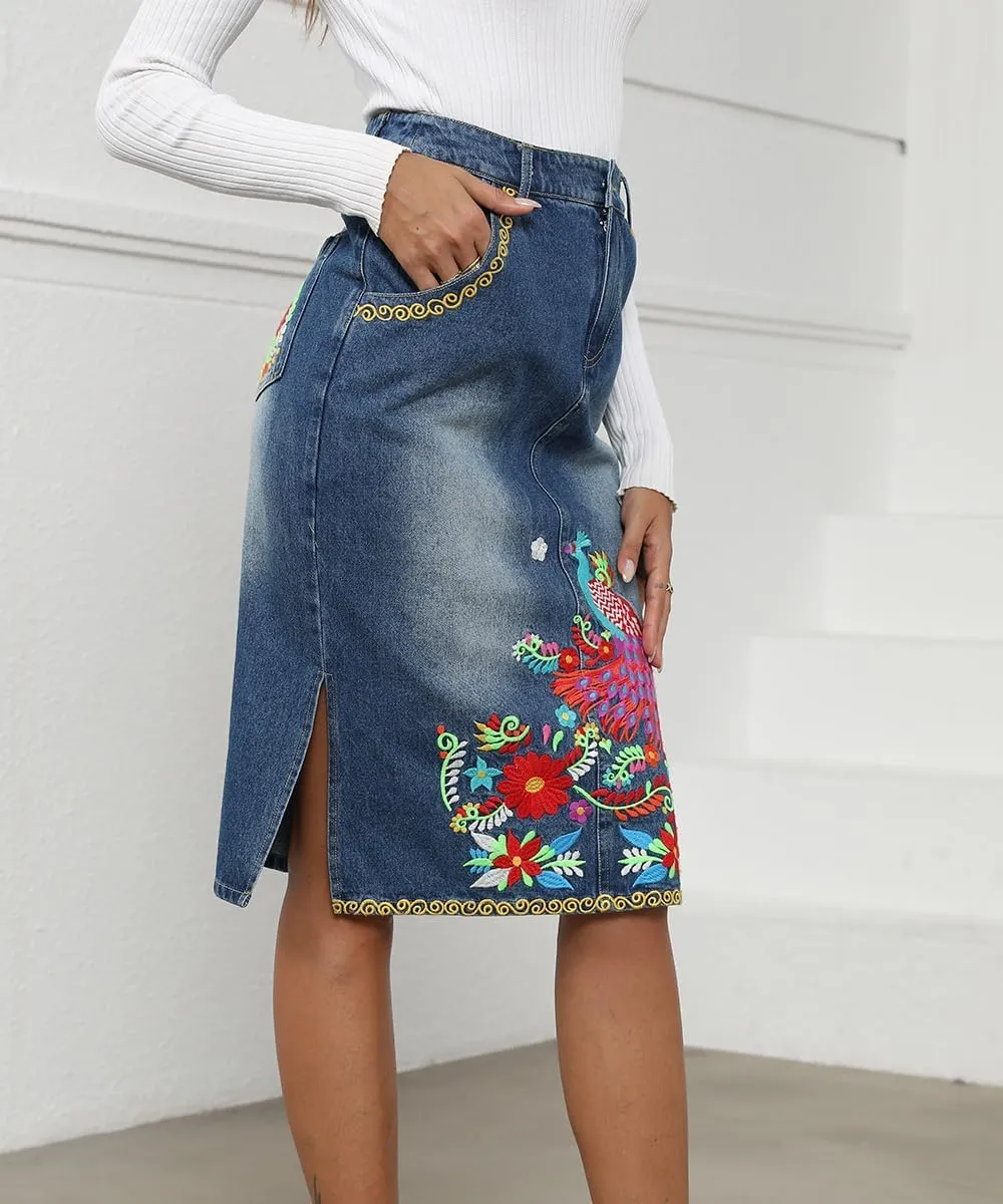 Women's High Waisted Denim Midi Skirts Stretchy Slit Embroidered Skinny Wrap Hip Jean Skirt