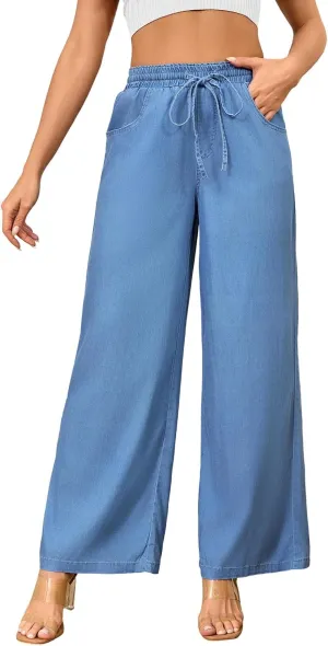 Women's High Waisted Wide Leg Jeans - Straight Leg Pants Adjustable Drawstring Waist, Loose Fit, Comfy Stylish