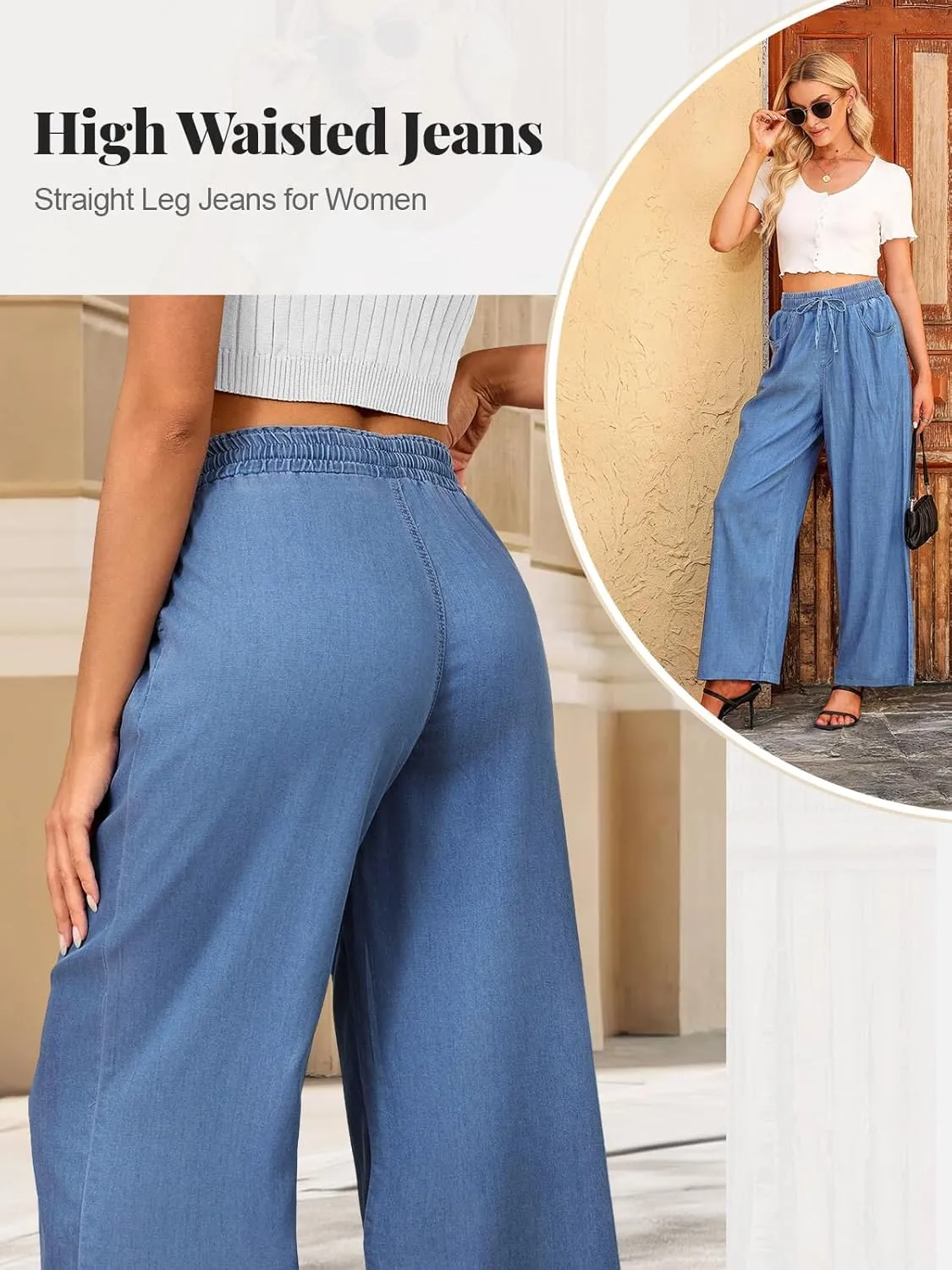 Women's High Waisted Wide Leg Jeans - Straight Leg Pants Adjustable Drawstring Waist, Loose Fit, Comfy Stylish