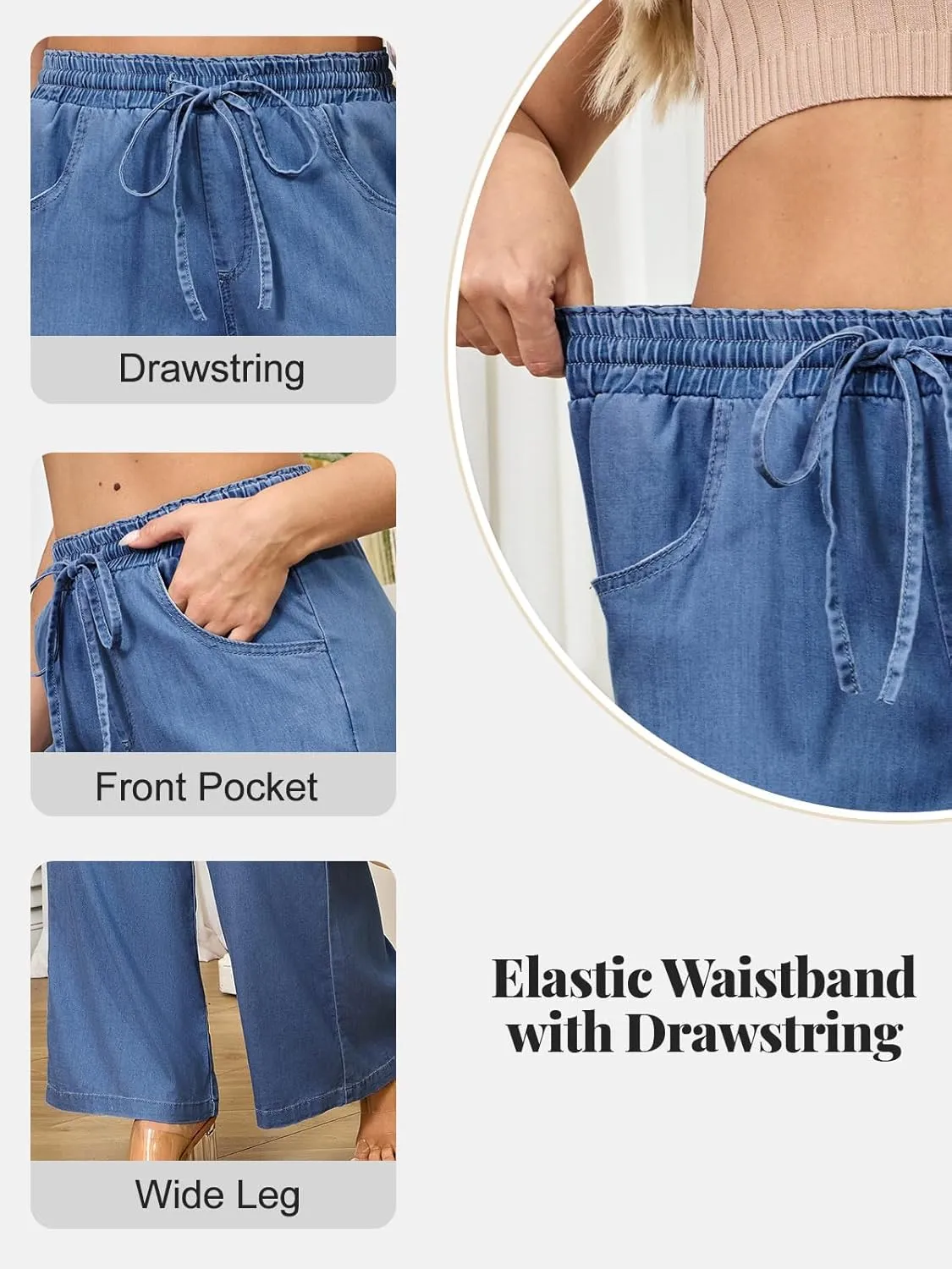 Women's High Waisted Wide Leg Jeans - Straight Leg Pants Adjustable Drawstring Waist, Loose Fit, Comfy Stylish