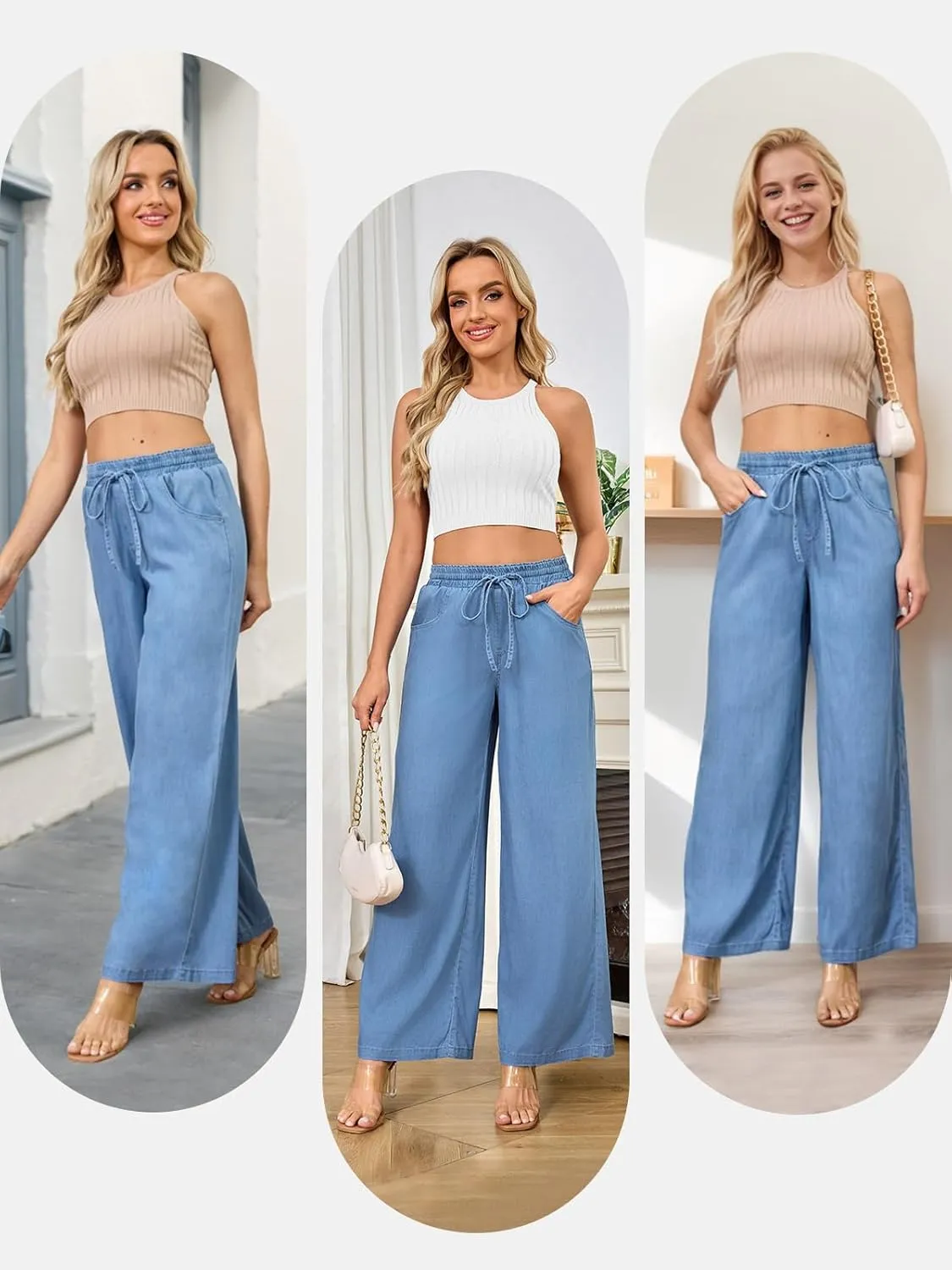 Women's High Waisted Wide Leg Jeans - Straight Leg Pants Adjustable Drawstring Waist, Loose Fit, Comfy Stylish