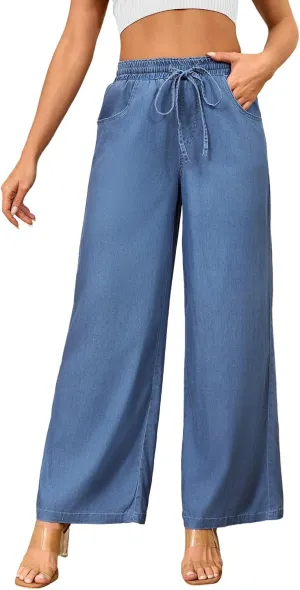 Women's High Waisted Wide Leg Jeans - Straight Leg Pants Adjustable Drawstring Waist, Loose Fit, Comfy Stylish