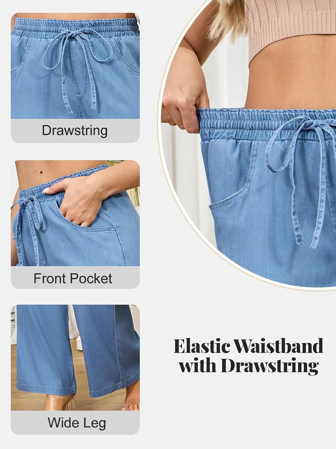 Women's High Waisted Wide Leg Jeans - Straight Leg Pants Adjustable Drawstring Waist, Loose Fit, Comfy Stylish