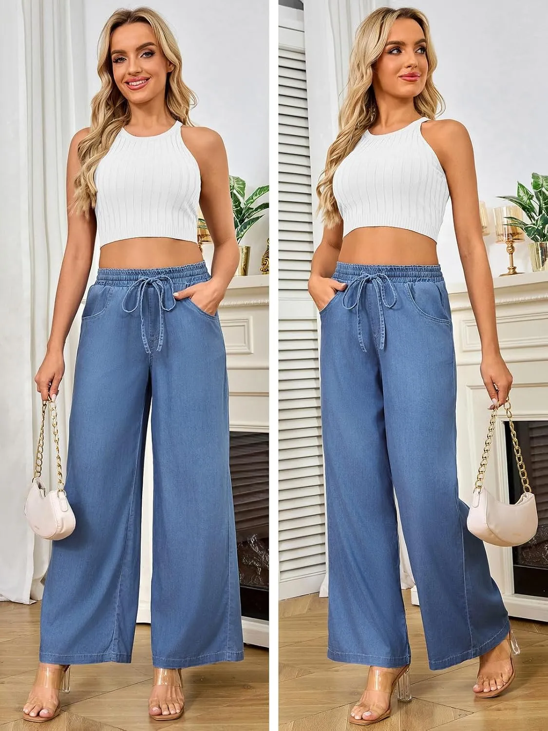 Women's High Waisted Wide Leg Jeans - Straight Leg Pants Adjustable Drawstring Waist, Loose Fit, Comfy Stylish