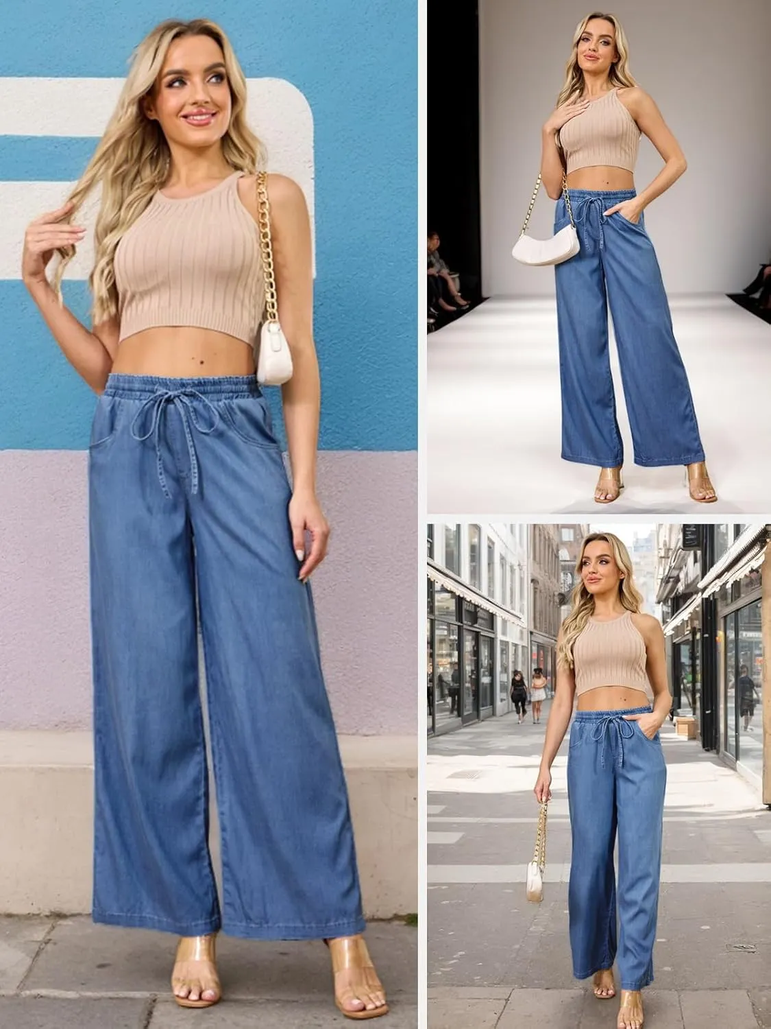 Women's High Waisted Wide Leg Jeans - Straight Leg Pants Adjustable Drawstring Waist, Loose Fit, Comfy Stylish