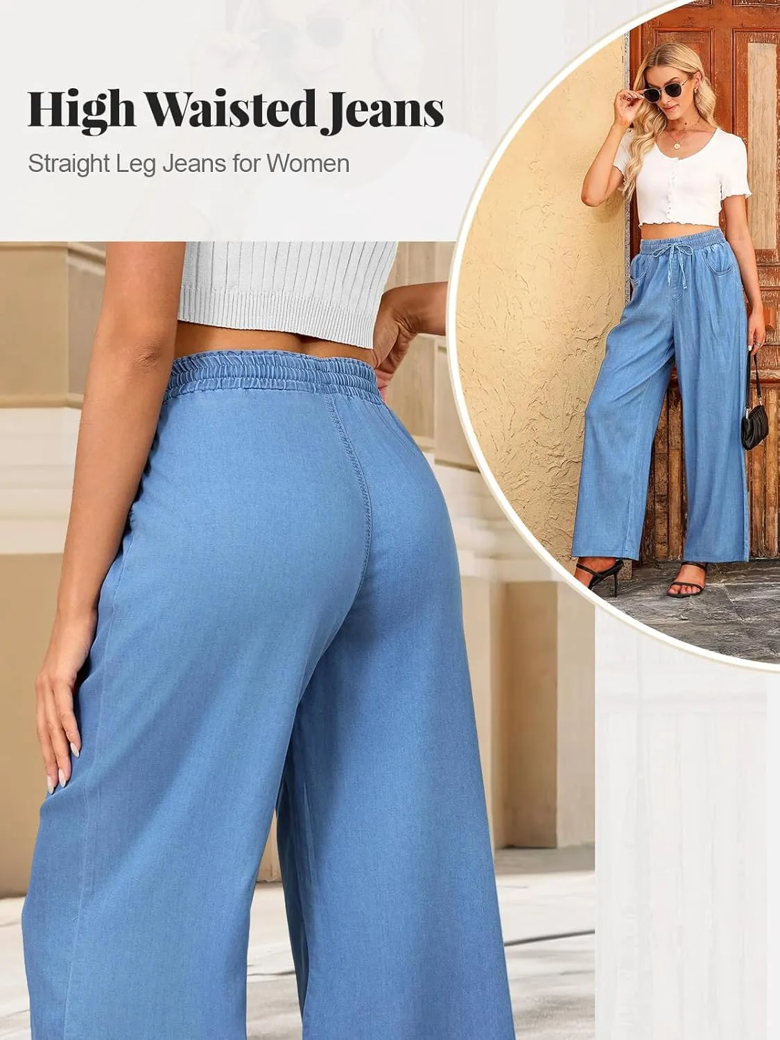 Women's High Waisted Wide Leg Jeans - Straight Leg Pants Adjustable Drawstring Waist, Loose Fit, Comfy Stylish