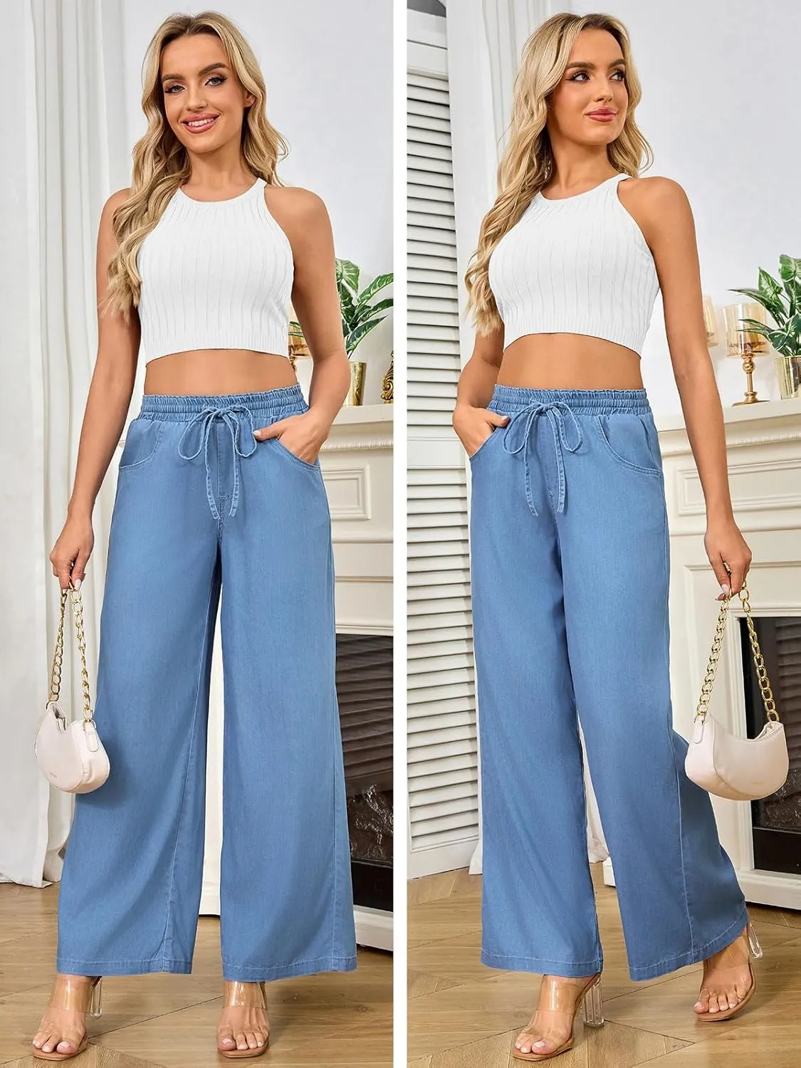 Women's High Waisted Wide Leg Jeans - Straight Leg Pants Adjustable Drawstring Waist, Loose Fit, Comfy Stylish