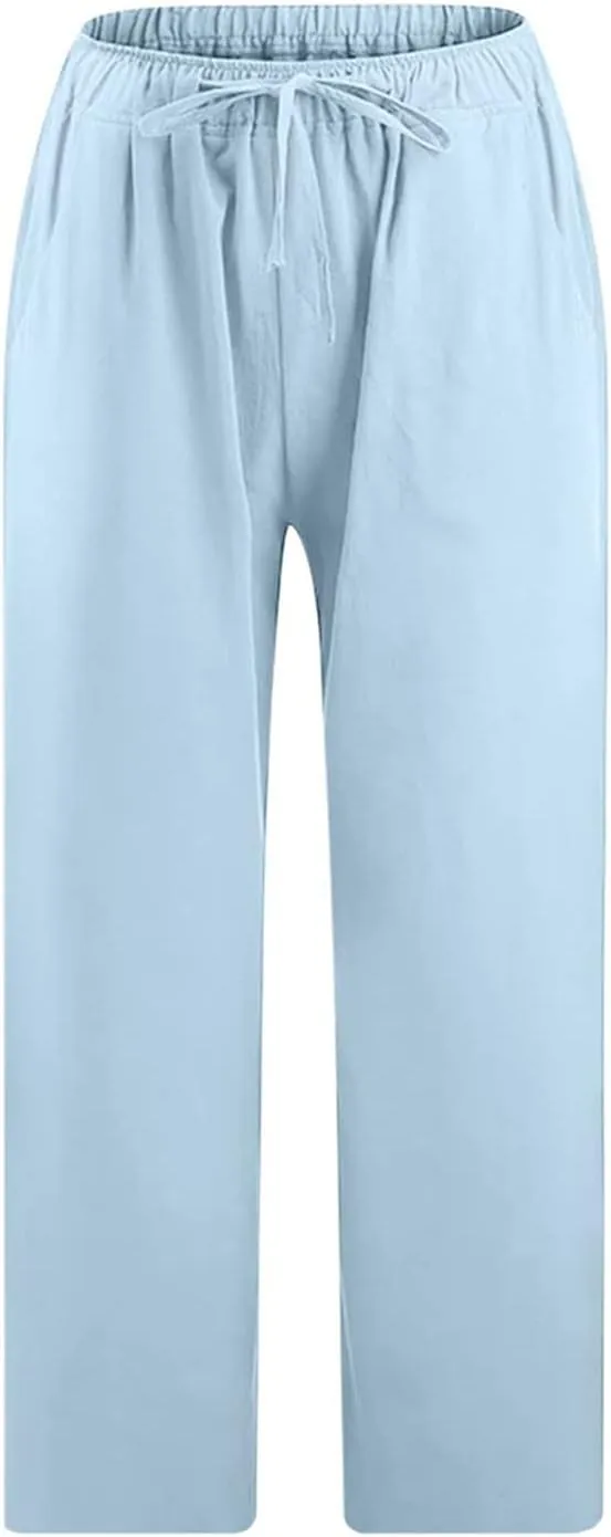 Women's Linen Capri Pants High Waisted Drawstring Wide Leg Trousers Summer Beach Casual Baggy Pants with Pockets