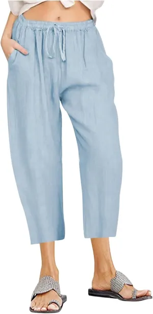 Women's Linen Capri Pants High Waisted Drawstring Wide Leg Trousers Summer Beach Casual Baggy Pants with Pockets
