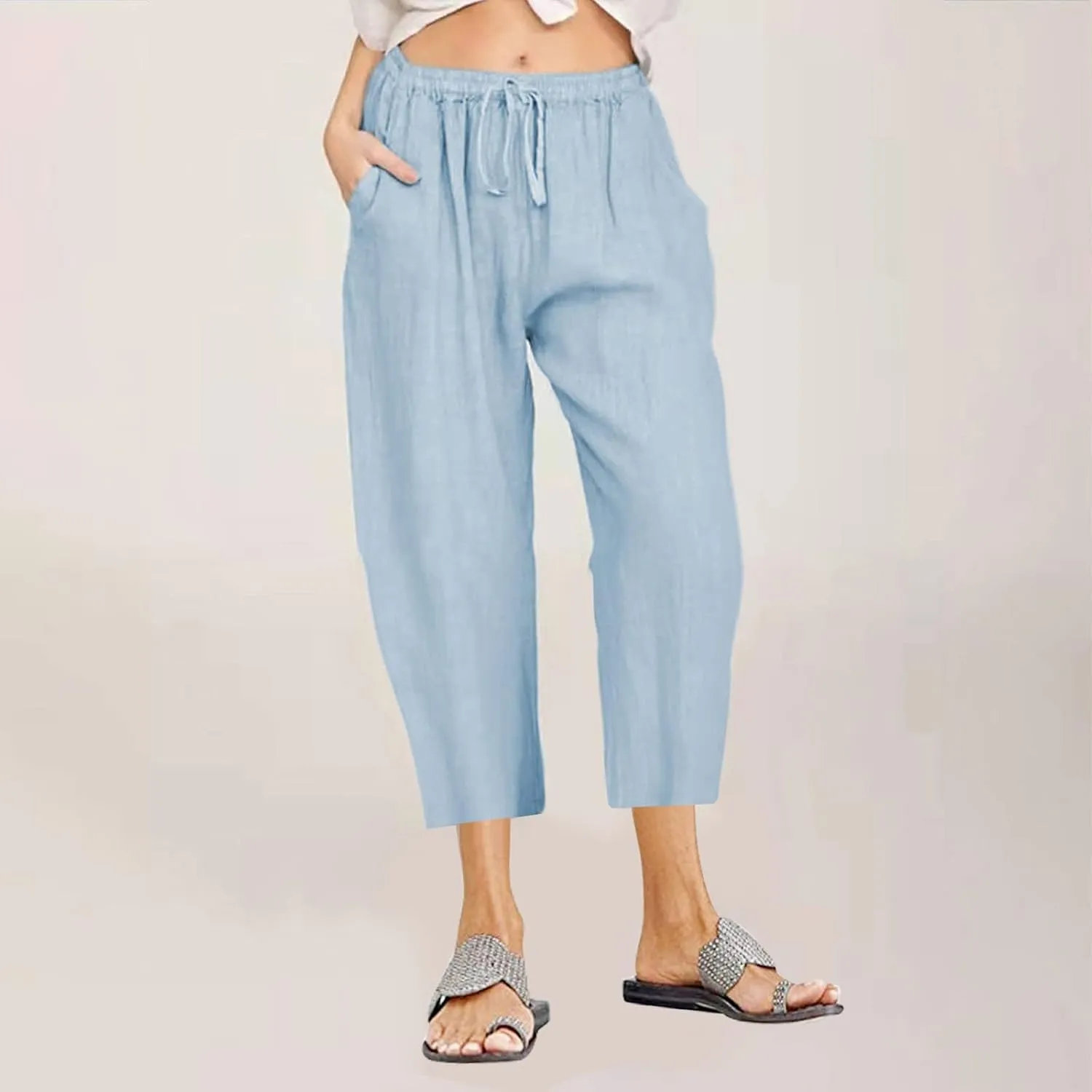 Women's Linen Capri Pants High Waisted Drawstring Wide Leg Trousers Summer Beach Casual Baggy Pants with Pockets