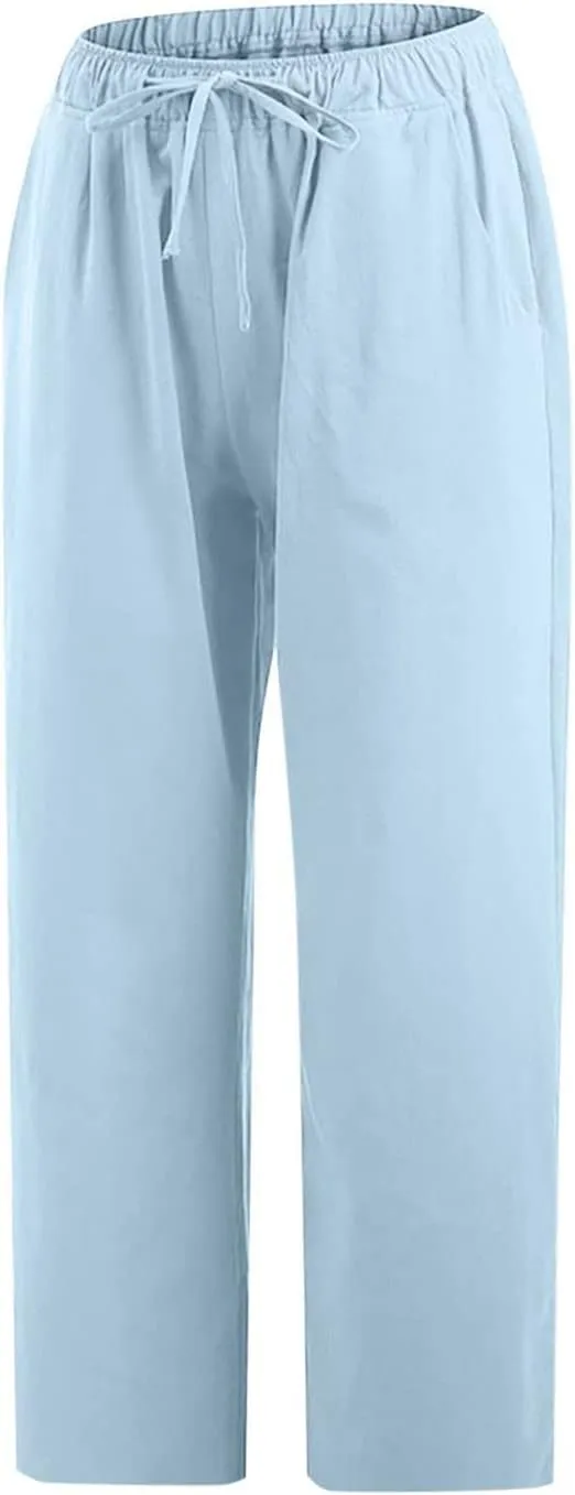 Women's Linen Capri Pants High Waisted Drawstring Wide Leg Trousers Summer Beach Casual Baggy Pants with Pockets