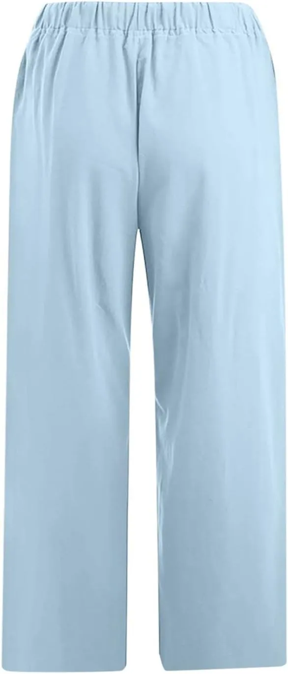 Women's Linen Capri Pants High Waisted Drawstring Wide Leg Trousers Summer Beach Casual Baggy Pants with Pockets