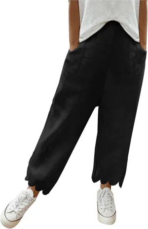 Womens Linen Capri Pants Summer Casual Loose Cinch Bottom Trousers High Waist Drawstring Palazzo Lounge with Pockets