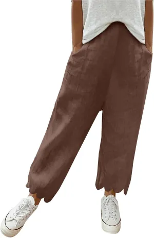 Womens Linen Capri Pants Summer Casual Loose Cinch Bottom Trousers High Waist Drawstring Palazzo Lounge with Pockets