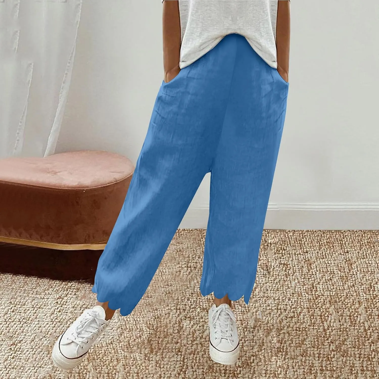 Womens Linen Capri Pants Summer Casual Loose Cinch Bottom Trousers High Waist Drawstring Palazzo Lounge with Pockets