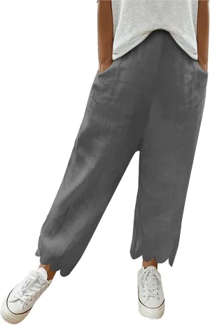 Womens Linen Capri Pants Summer Casual Loose Cinch Bottom Trousers High Waist Drawstring Palazzo Lounge with Pockets