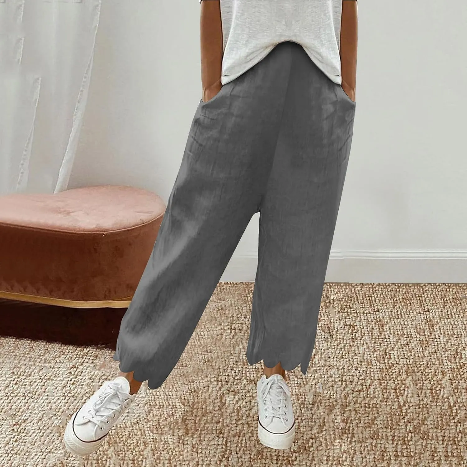 Womens Linen Capri Pants Summer Casual Loose Cinch Bottom Trousers High Waist Drawstring Palazzo Lounge with Pockets