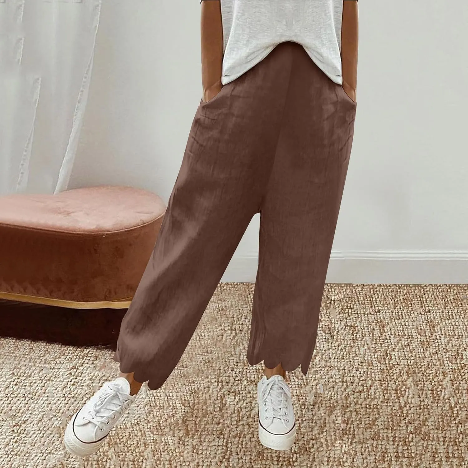 Womens Linen Capri Pants Summer Casual Loose Cinch Bottom Trousers High Waist Drawstring Palazzo Lounge with Pockets