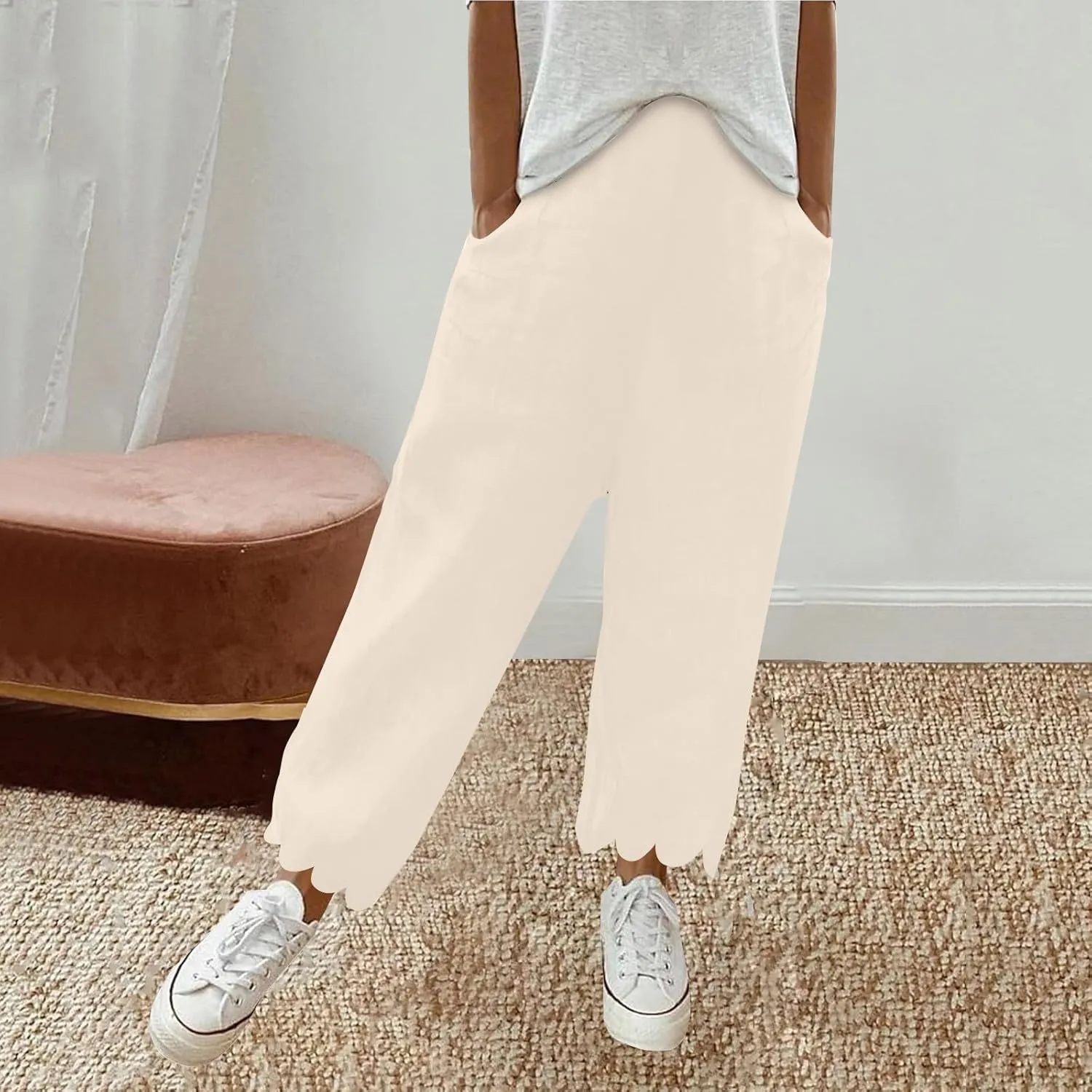 Womens Linen Capri Pants Summer Casual Loose Cinch Bottom Trousers High Waist Drawstring Palazzo Lounge with Pockets