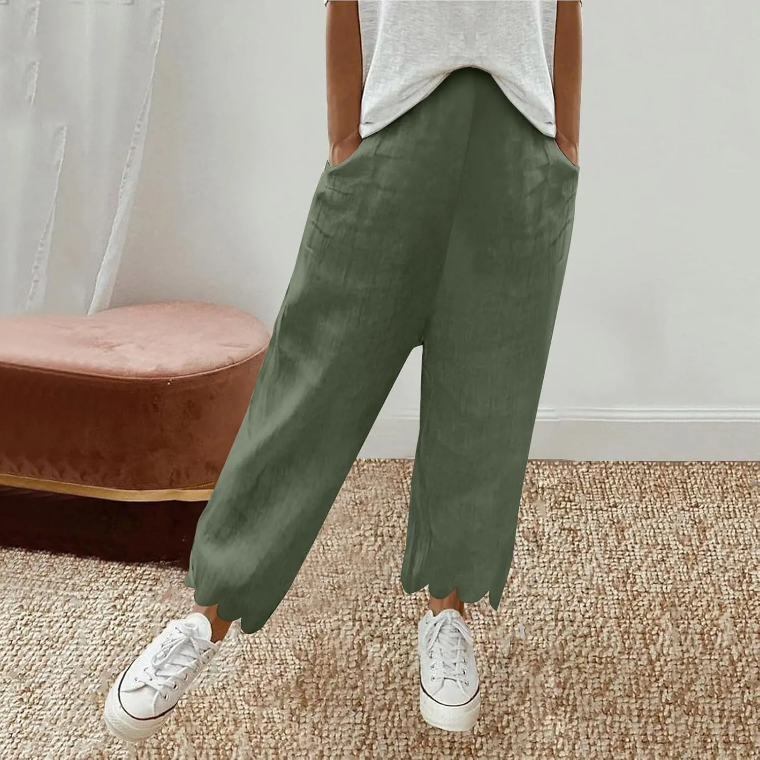 Womens Linen Capri Pants Summer Casual Loose Cinch Bottom Trousers High Waist Drawstring Palazzo Lounge with Pockets