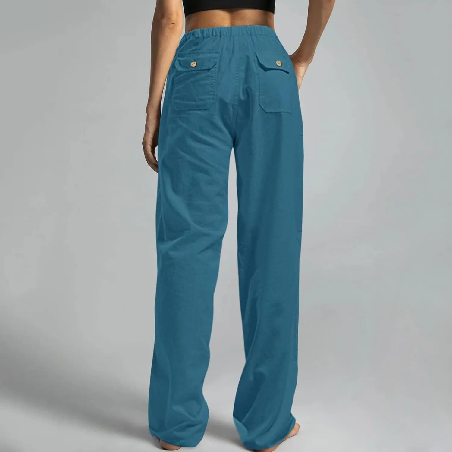 Womens Linen Cargo Pants Summer Elastic High Waist Pant Drawstring Harem Lounge Pant Plus Size Trousers with Pockets