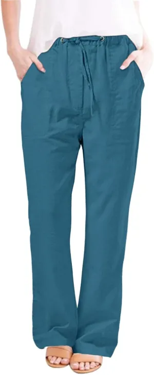 Womens Linen Cargo Pants Summer Elastic High Waist Pant Drawstring Harem Lounge Pant Plus Size Trousers with Pockets