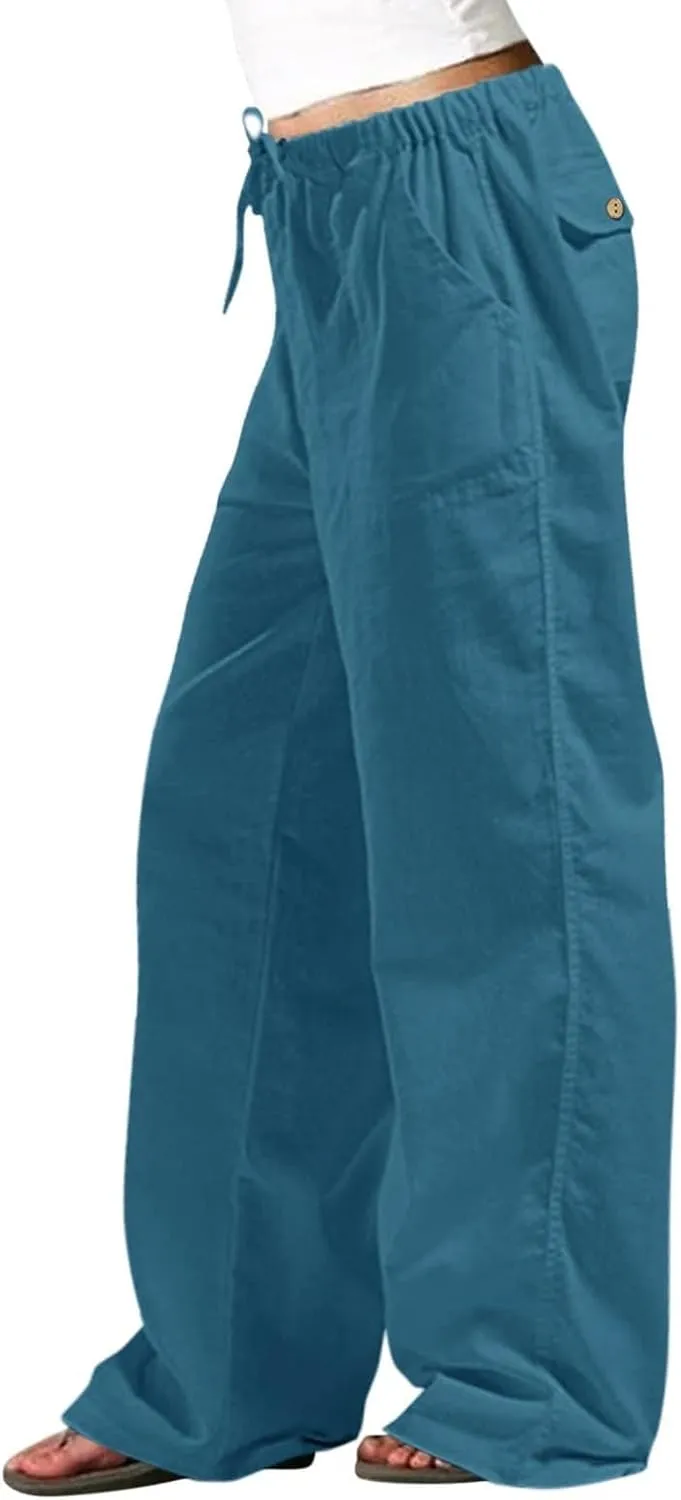 Womens Linen Cargo Pants Summer Elastic High Waist Pant Drawstring Harem Lounge Pant Plus Size Trousers with Pockets