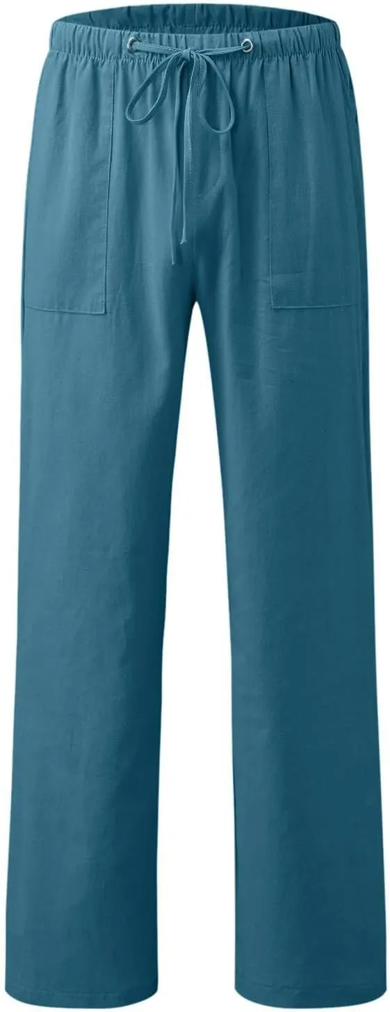 Womens Linen Cargo Pants Summer Elastic High Waist Pant Drawstring Harem Lounge Pant Plus Size Trousers with Pockets