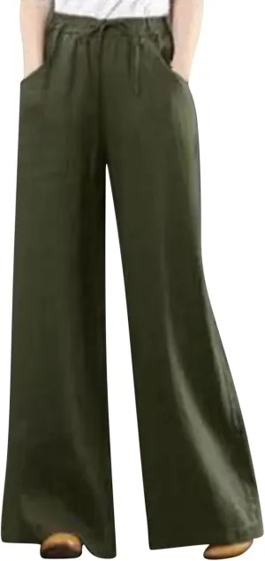 Women's Linen Pants Elastic High Waist Wide Leg Lounge Trousers Summer Loose Fit Beach Pant with Pockets 2025