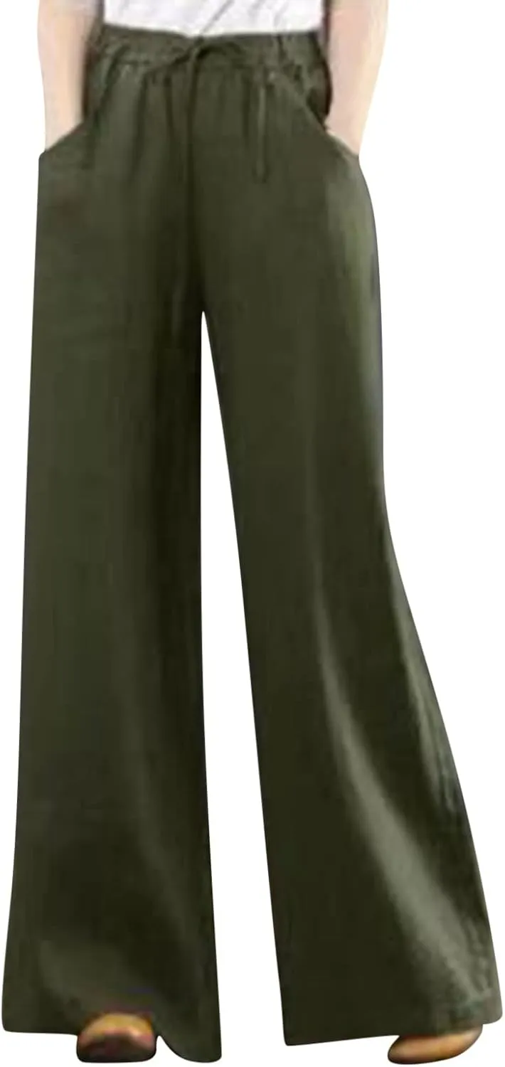 Women's Linen Pants Elastic High Waist Wide Leg Lounge Trousers Summer Loose Fit Beach Pant with Pockets 2025