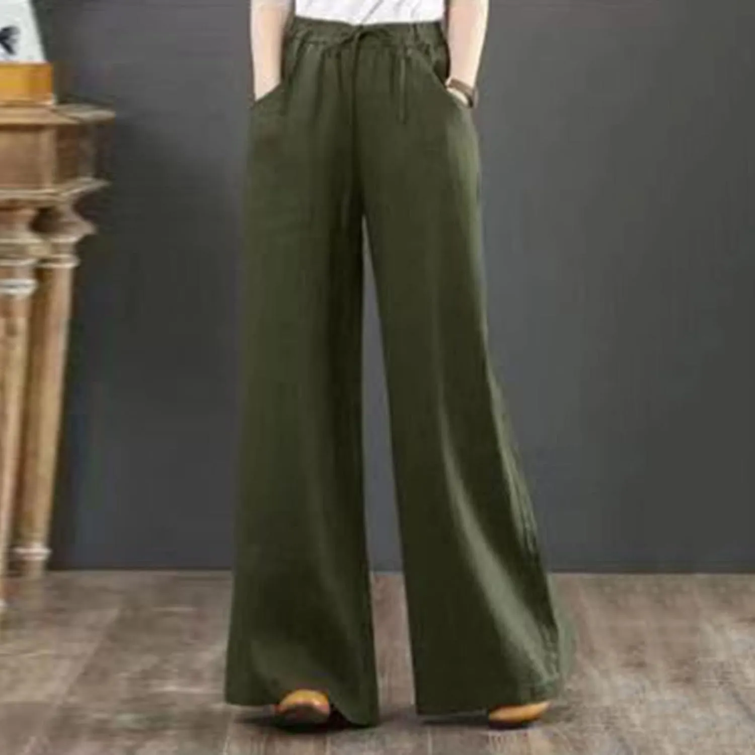 Women's Linen Pants Elastic High Waist Wide Leg Lounge Trousers Summer Loose Fit Beach Pant with Pockets 2025