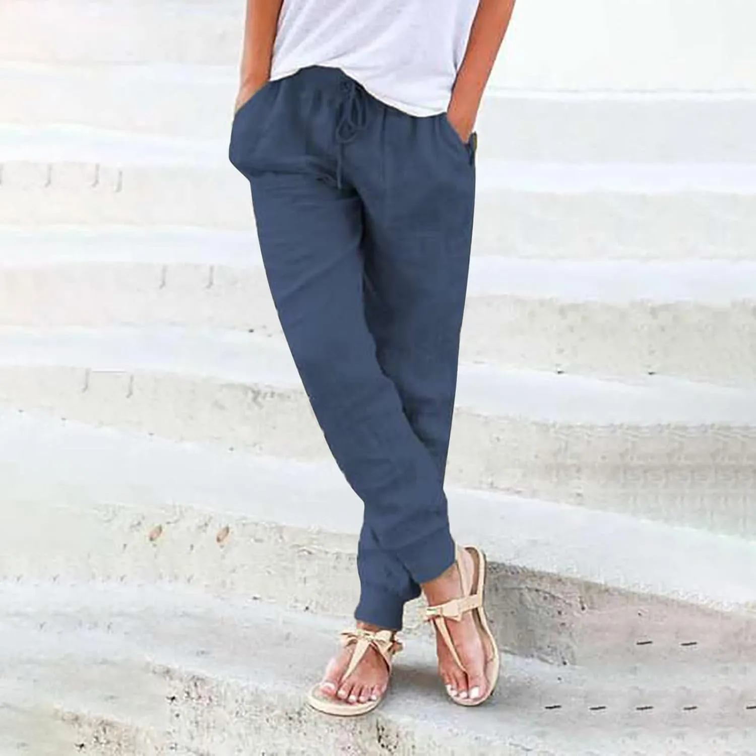 Womens Linen Pants Linen Trousers for Women Summer Casual Elastic Pants with Pockets