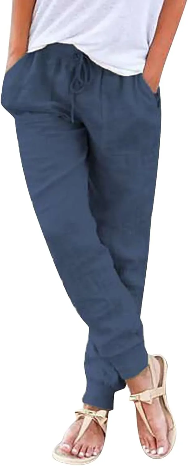 Womens Linen Pants Linen Trousers for Women Summer Casual Elastic Pants with Pockets