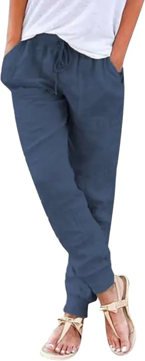 Womens Linen Pants Linen Trousers for Women Summer Casual Elastic Pants with Pockets