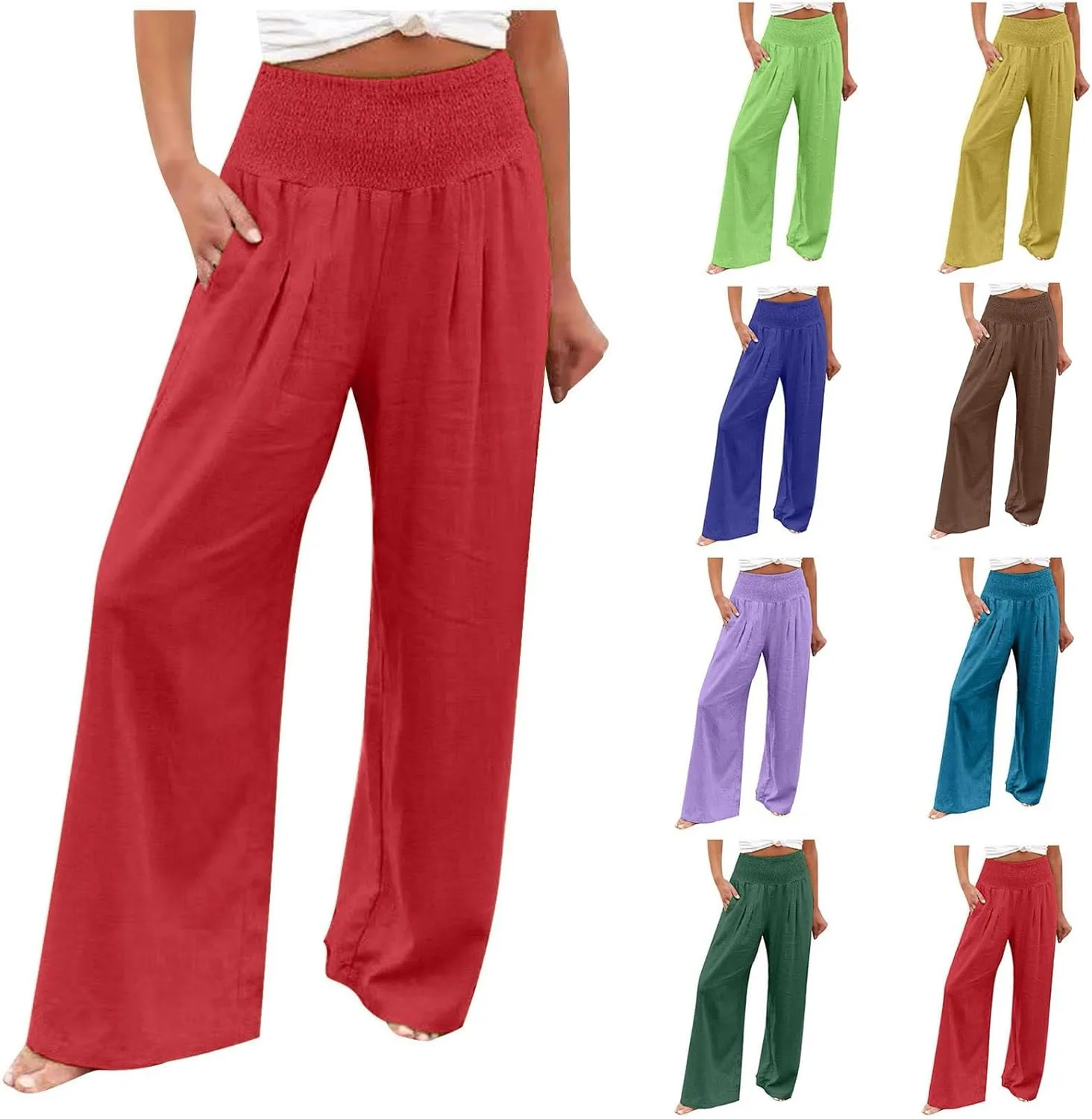 Womens Linen Pants Palazzo Summer Casual Wide Leg Trousers Elastic High Waist Loose Fit Beach Palazzo with Pockets