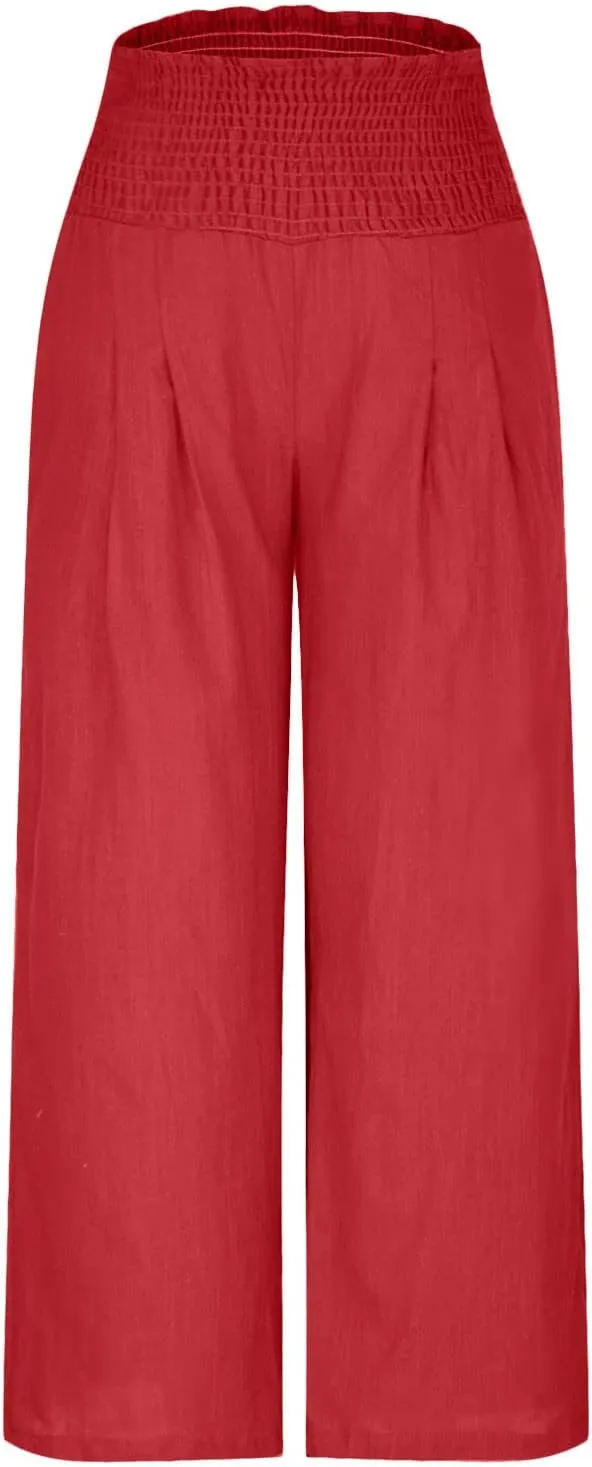Womens Linen Pants Palazzo Summer Casual Wide Leg Trousers Elastic High Waist Loose Fit Beach Palazzo with Pockets
