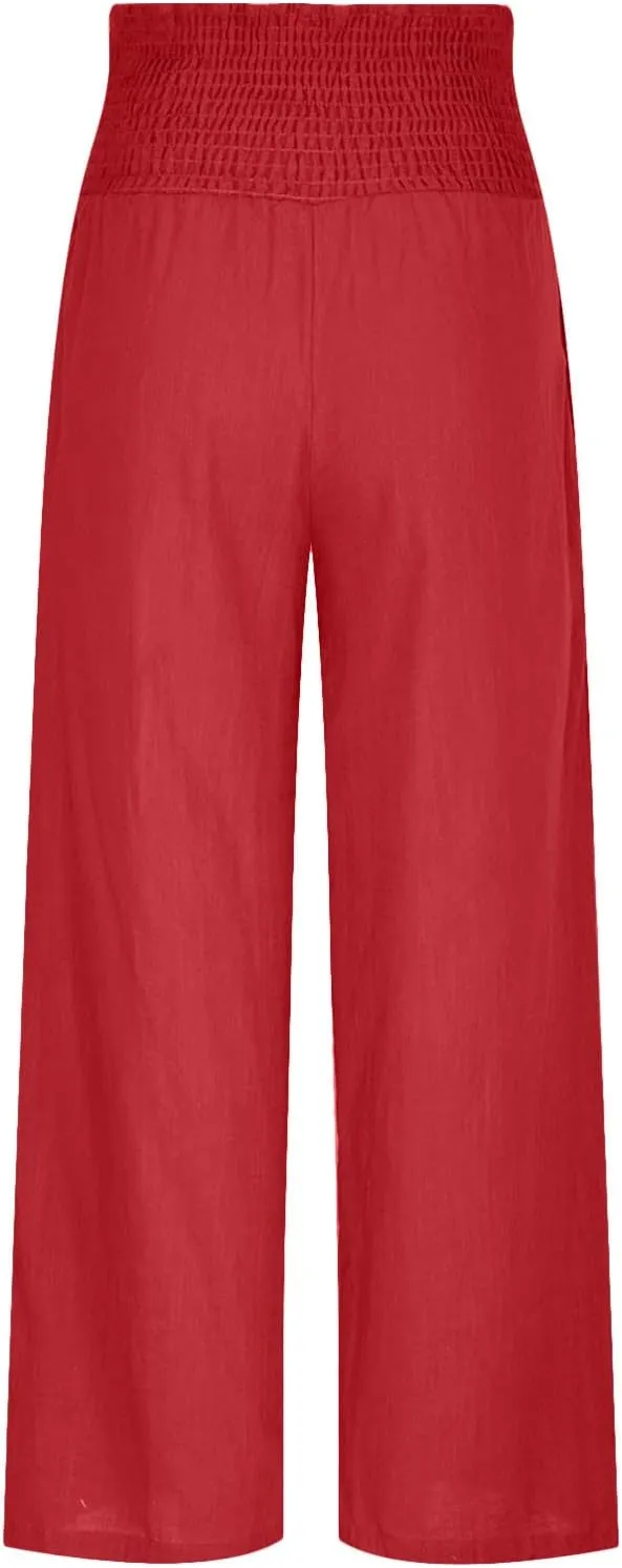 Womens Linen Pants Palazzo Summer Casual Wide Leg Trousers Elastic High Waist Loose Fit Beach Palazzo with Pockets