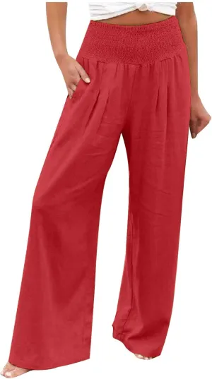 Womens Linen Pants Palazzo Summer Casual Wide Leg Trousers Elastic High Waist Loose Fit Beach Palazzo with Pockets