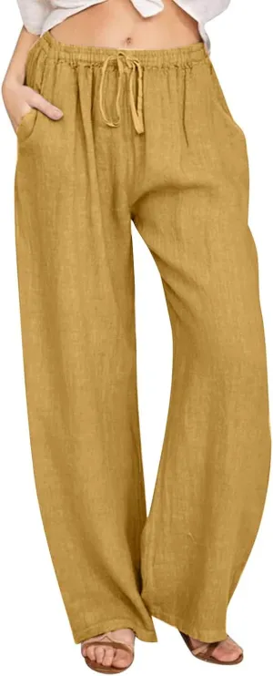 Womens Linen Pants Summer Boho Drawstring Elastic Flowy High Waist Casual Loose Fit Wide Leg Pants
