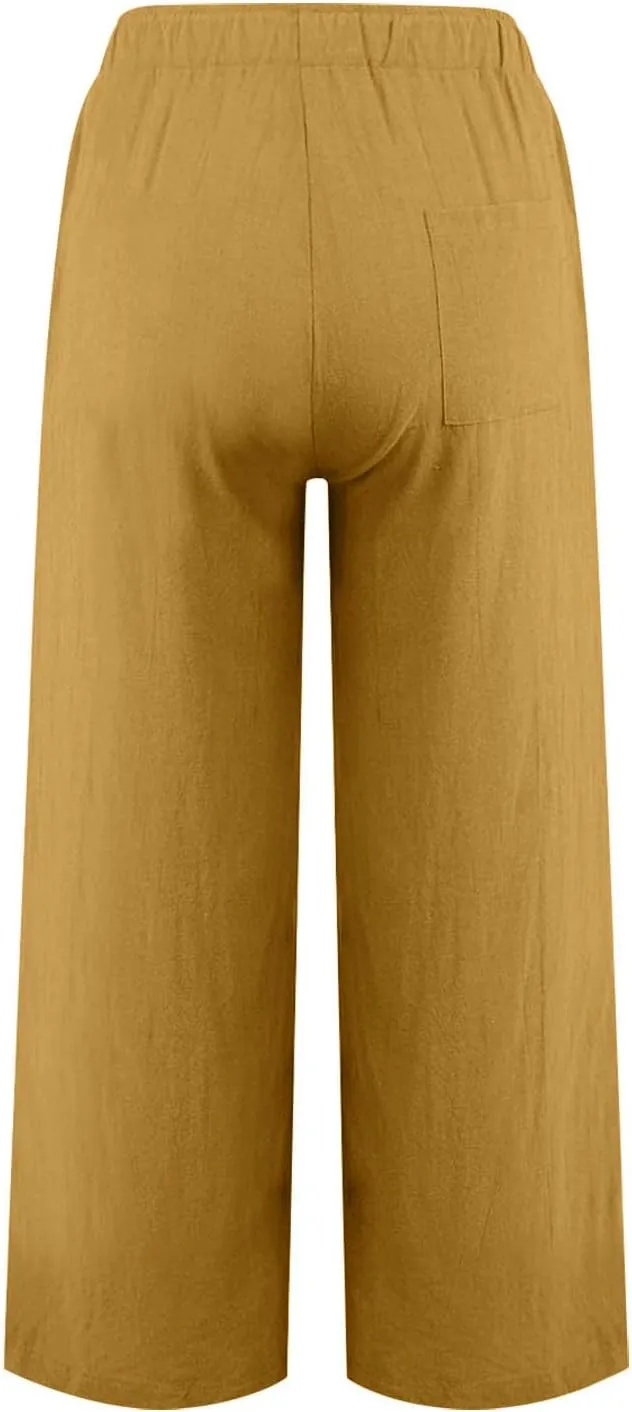 Womens Linen Pants Summer Boho Drawstring Elastic Flowy High Waist Casual Loose Fit Wide Leg Pants