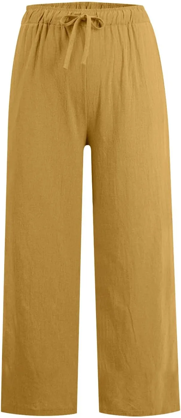 Womens Linen Pants Summer Boho Drawstring Elastic Flowy High Waist Casual Loose Fit Wide Leg Pants