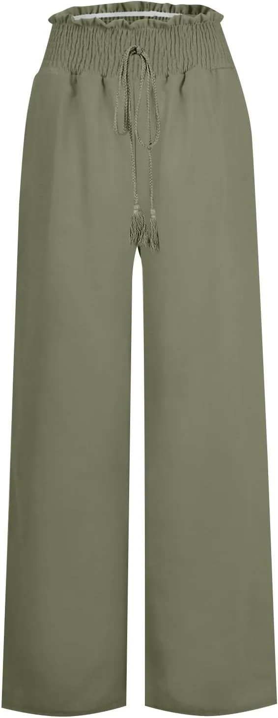 Women's Linen Pants Summer Casual Palazzo Beach Pant Drawstring High Waist Wide Leg Trousers Vacation Outfits