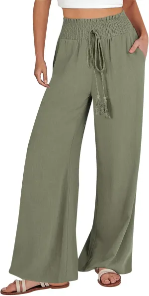 Women's Linen Pants Summer Casual Palazzo Beach Pant Drawstring High Waist Wide Leg Trousers Vacation Outfits