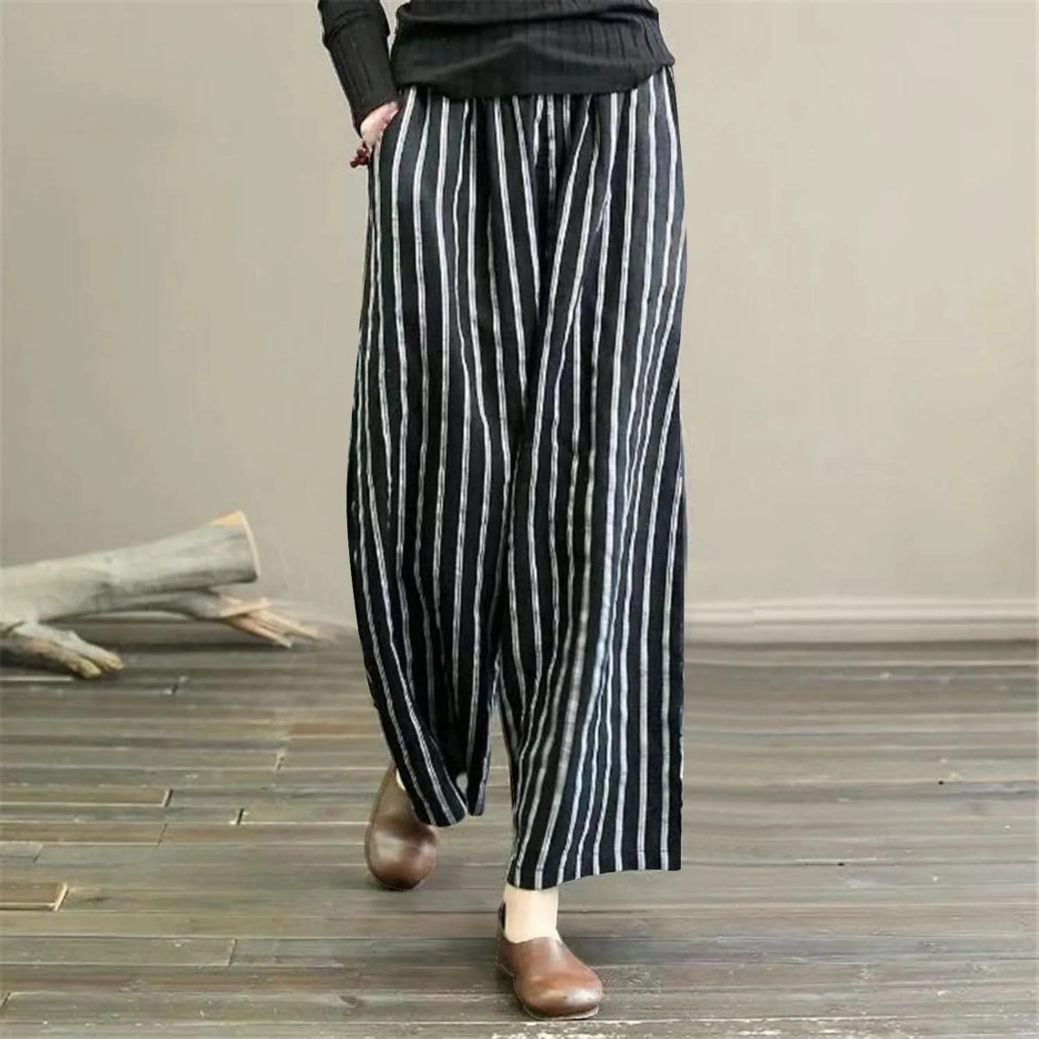 Womens Linen Pants Summer High Waist Striped Wide Leg Palazzo Boho Casual Lightweight Beach Trousers with Pockets